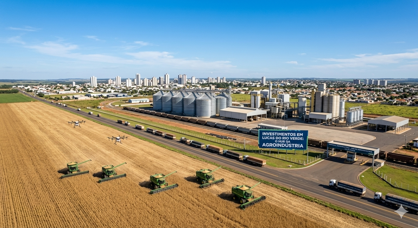 Vista aérea de colheitadeiras e drones operando em lavoura de Lucas do Rio Verde, Mato Grosso, com complexo industrial de grãos e silos ao fundo.