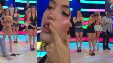 Apresentador chuta drone contra colega durante programa ao vivo, deixa mulher com a boca sangrando e gera revolta; VEJA VÍDEO